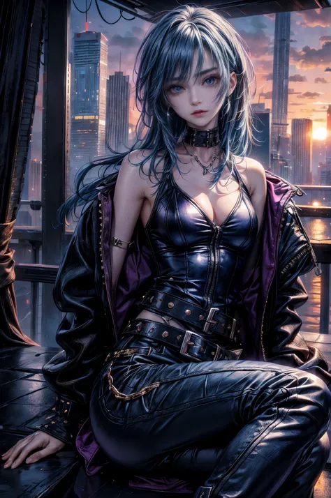 cinematic lighting、highest quality,cyberpunk world、1 female、(20 year old beautiful woman、Detailed beautiful facial features、medium hairの青髪、shoulder length hair、messy hair、blue eyes:1.4)break,medium hair、（Bright blue hair:1.5）
BREAK
((dark leather rebellion...