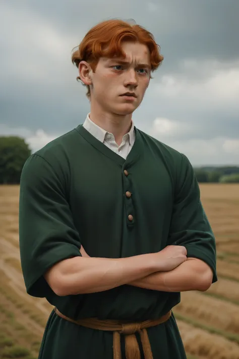 England, 1337. A young ((((16-year-old)) Wulfric)), farmer, strong, angular features, serious, kind, staring at a tragic disaster in ((shock and horror expression)), ((crying big tears)). ((((clothings from the 1300s)))), ((ginger hairstyle of the 1300s))