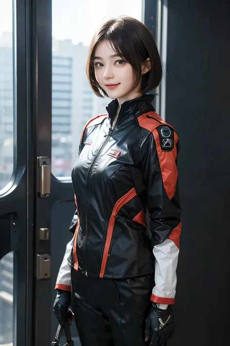 162
Shorthair,  (a 20 yo woman, standing), A hyper-realistic, gentle smile, sci-fi cool suit, (口紅)
