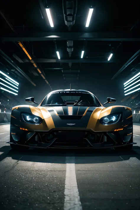 (Top Quality, 12k, High Resolution), Aston Martin Valkyrie on the Fast and Furious Race Track, Dramatic cinematic lighting, Neon lights illuminating the background in vibrant hues, Extremely detailed and highly textured rendering, Realistic and photorealis...