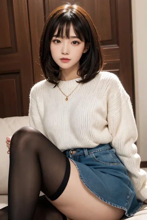 best quality, 32k, RAW photo, incredibly absurdres, extremely detailed, delicate texture, cute woman, (fluffy, flowing layered, side curling blow, bangs, glossy medium hair), wearing fluffy long-pile knit sweater, fluffy skirt, skirt lift, pantyhose, fluff...