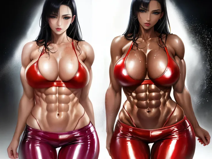 Realistic Huang Tingting, Delicate messy short black hair, medium shot  , delicate skin, detailed body, muscular, alone, Wearing Glitter Latex Glitter Red Leather Low Rise Pants, Huge big breasts, Thick thighs, wide hips, muscular手臂, There are many, bulgin...