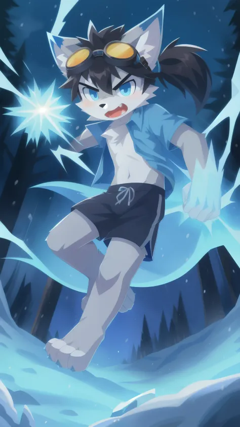 Furry shota, Young, wolf, black hair, long spiky ponytail, blue eyes, detailed body fur, ((blue hawaiian shirt, open clothes, black swim trunks, goggles)), masterpiece, looking at you, fangs, clear grey body fur, detailed face, big eyebrows, detailed eyes,...