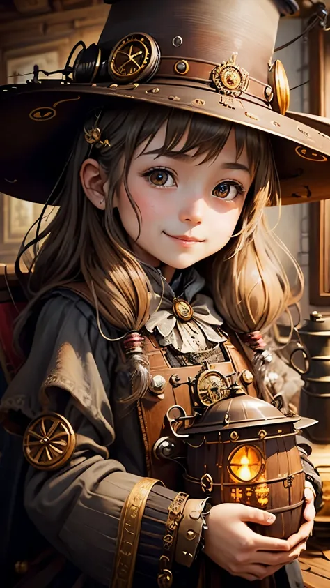 steampunkai。highest quality。masterpiece。detailed details。one girl。little cute girl。steampunk witch。witch hat。witch&#39;s clothes。long light brown fluffy hair。smile。stir the steaming cauldron。The background is the messy interior of the witch&#39;s house.。