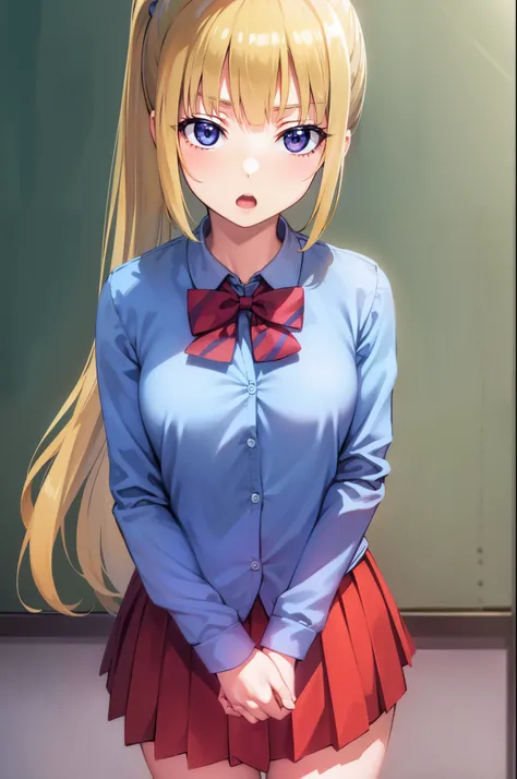 keikaruizawa, kei karuizawa, long hair, bangs, blunt bangs, (purple eyes:1.1), blonde hair, shirt, hair ornament, ponytail, scrunchie, blue scrunchie, (small breast:1.2), open mouth,
BREAK skirt, shirt, bow, school uniform, jacket, (red jacket:1.2), pleate...