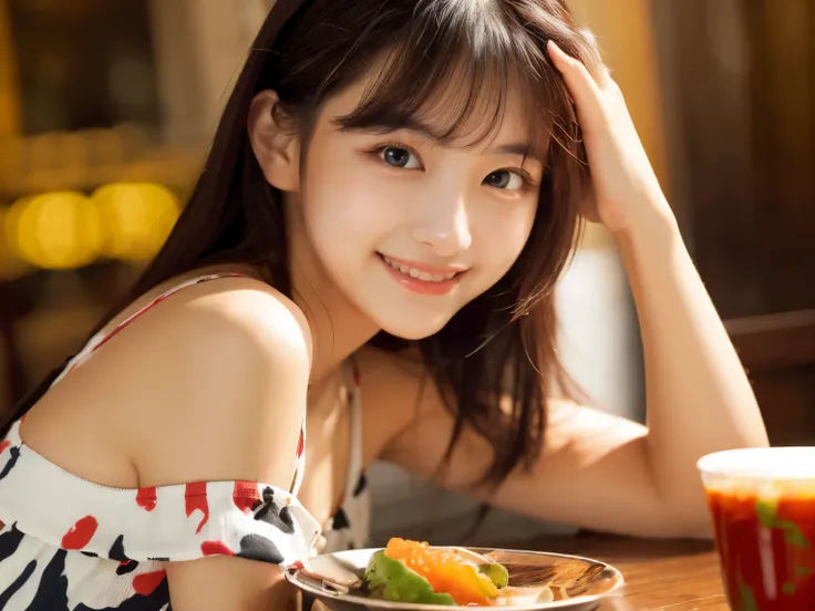 (table top, highest quality:1.2), (High resolution, abstract:1.1), ultra detail, 1 girl, cute pose, Wearing a sloppy tank top、 off shoulder, parted lips, smile, blush