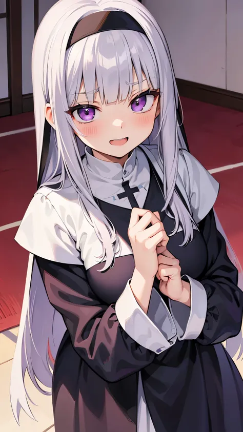 anime, masterpiece, best quality, cute eyes), 1woman, solo,blush,silver hair, purple eyes,cute,blunt bangs,long hair, light smile, open mouth, look down from above, nun, triumphant look, smug look, self-satisfied look, buxom