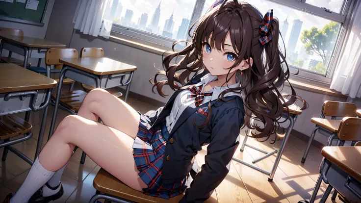 obra maestra, Mejor calidad, high resolution, Ichinose Shiki, idol master, pelo largo, dos lados hacia arriba, Lazo para el pelo, ahogo, pechos medianos, pendientes, uniforme escolar marinero, fondo de paisaje escolar, aula (Please draw a single una chica ...