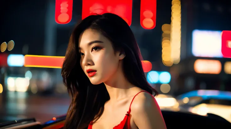 ((best quality)), ((masterpiece)), (Cinematic Aesthetic:1.4) Photo of a sexy red bra beautiful china fashion model bokeh city night