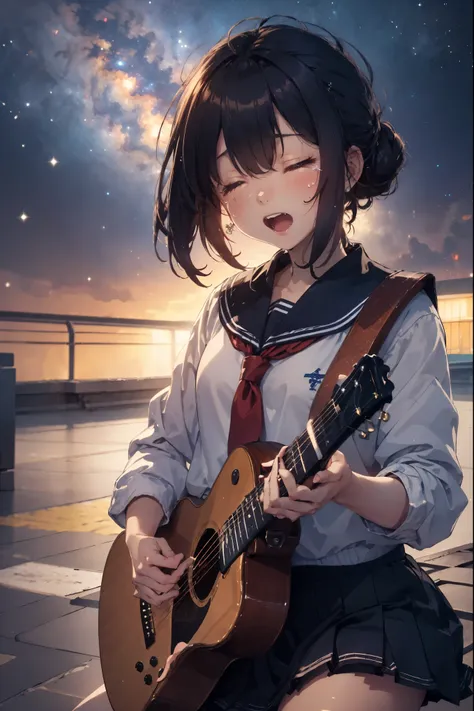 masterpiece, 8k, milky way, starry sky, moonlight, school rooftop, there is a girl and a boy, Girl Playing Guitar, closed eyes, open your mouth, enthusiastic singing, sailor suit, Are crying, 