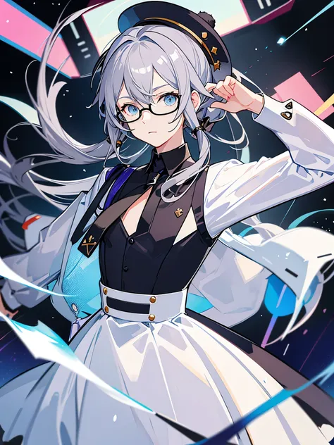 （muste piece）（High definition）teenage male android、alone、gray hair、ponytail、hat、Tuxedo、tie、wears round rimless glasses、one hand on the chest、hold one hand out in front of you、a welcoming look、background（An electronic world that feels like science fiction、A...