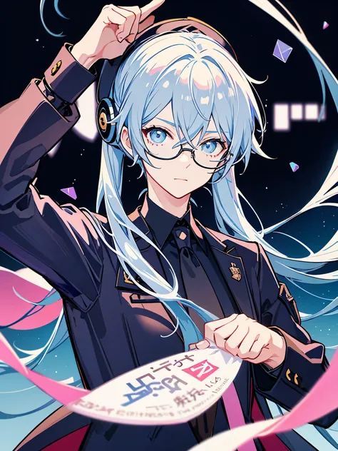 （muste piece）（High definition）teenage male android、alone、gray hair、ponytail、hat、Tuxedo、tie、wears round rimless glasses、one hand on the chest、hold one hand out in front of you、a welcoming look、background（An electronic world that feels like science fiction、A...