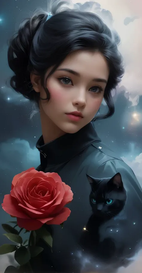 cute mystery three dimensional silhouette of a cat in profile, full body shot, double exposure blending together a cat and stars, galaxies and shooting star fish, vintage colors, 80s vibes, maximalist, poster, hyperdetailed, 36k resolution Kodak profession...