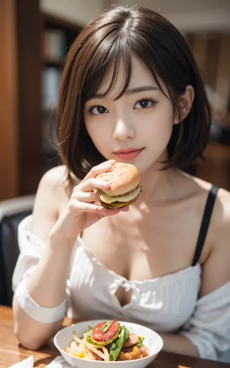 cute 21 year old japanese、Beautiful woman eating a hamburger at fast food、hamburgers、hamburgersを手に、super detail face、pay attention to details、double eyelid、beautiful thin nose、sharp focus:1.2、Beautiful woman:1.4、(light brown hair,short hair、),pure white sk...