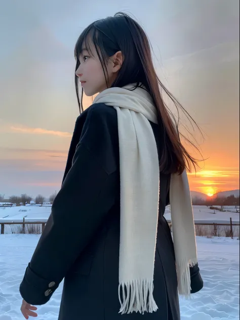 (Close-up portrait from behind of one slender girl in winter uniform with long hair with blunt bangs and scarf coat:1.5)、(When a girl turns around、He saw me with a sad face and my hair blowing in the wind. :1.3)、(beautiful snowy sunset sky:1.5)、(perfect an...