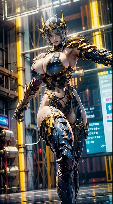 ((unreal enginee 5)), lifelike rendering, excellent, (Full Armor Body), (cloaks), (Helm), looking in camera, Stand in the studio, Beautiful face, makeup, CGI Mix, (Photorealism:1.2), Ultra-realistic UHD face, (Huge fake:1.4), (huge-breasted:1.1), (Muscle a...