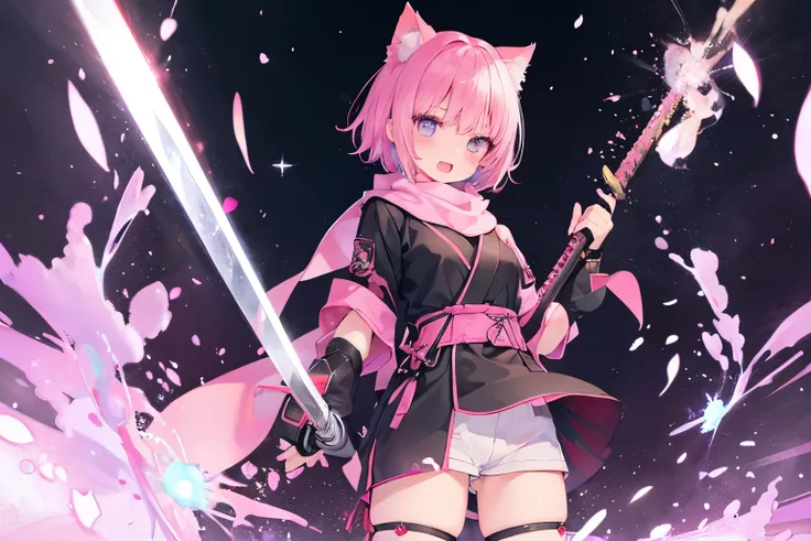 NSFW、Very beautiful and shining eyes、shining eyes、1 girl、small breasts、big mouth、high school girl、small breasts、Cat ear、Transparent pink short hair、scarf、hot pants、a devastated world、Near the future、neon、gripping sword ,katana,ninja、Kunoichi