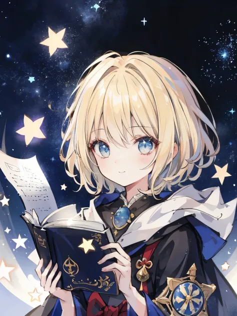 girl,(asymmetric hairstyle:1.3),(blonde:1.2),(Hair cut only on the left side:1.4),((wizard&#39;s robe:1.2)),((opening a magic book)),(background with twinkling stars:1.35),waving in the wind,(proud smile),((close up of face:1.2)),((Super high quality:1.5))