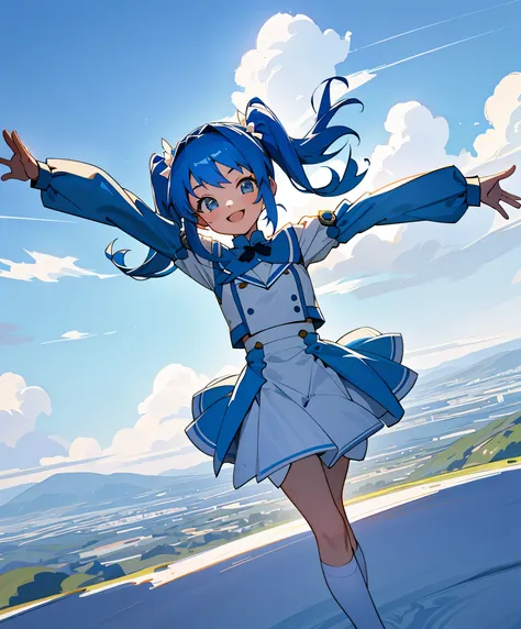 Blue hair hair　twin tails　1 girl　13 years old　blue and white costume　transformation heroine　refreshing smile　pose with arms outstretched　A hill with a blue sky