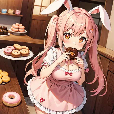 light pink hair、twin tails、orange eyes、redのメイド服、rabbit ears、Valentine、donut、chocolate、cute、red、big breasts、heart、Pinch Eating