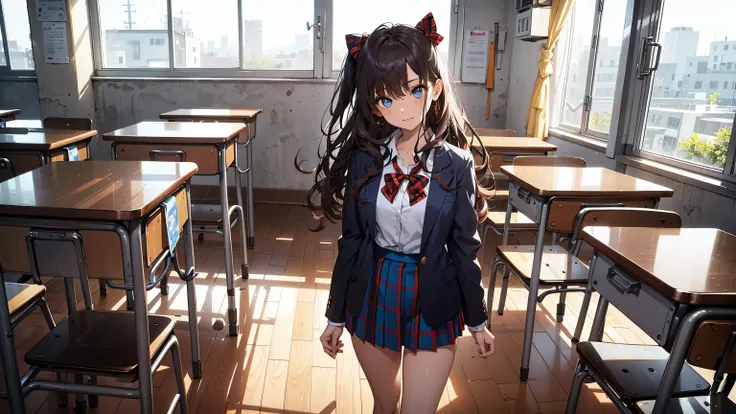 obra maestra, Mejor calidad, high resolution, Ichinose Shiki, idol master, pelo largo, dos lados hacia arriba, Lazo para el pelo, ahogo, pechos medianos, pendientes, uniforme escolar marinero, fondo de paisaje escolar, aula (Please draw a single una chica ...