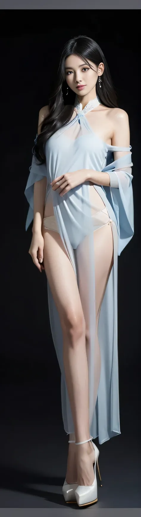 Chinese flight attendant，goddess，Model，28 years old，long black hair，Long hair shawl，（Bare shoulder 1.3），Astonishing脸，Astonishing体型，（Blue transparent lace underwear 1.5），long legs，Astonishing，High heel，Nice shoes，high quality，high contrast，Light，HD，simple g...