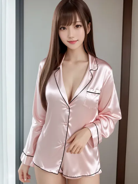 product quality, 1 girl per 1 photo, upper body shot, front view, a Japanese young pretty girl, long bob hair, a big smile in her room in the night, light pink collared shiny satin pajama tops, white panties, hyper cute face, glossy lips, double eyelids fo...