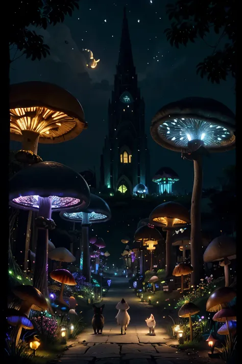 an image of fantasy cats walking in nighttime mushroom town bioluminescent, mushrooms bigger than a cat, black cats, white cats, mice, fairies, elves, fairy lanterns, lighted windchimes,