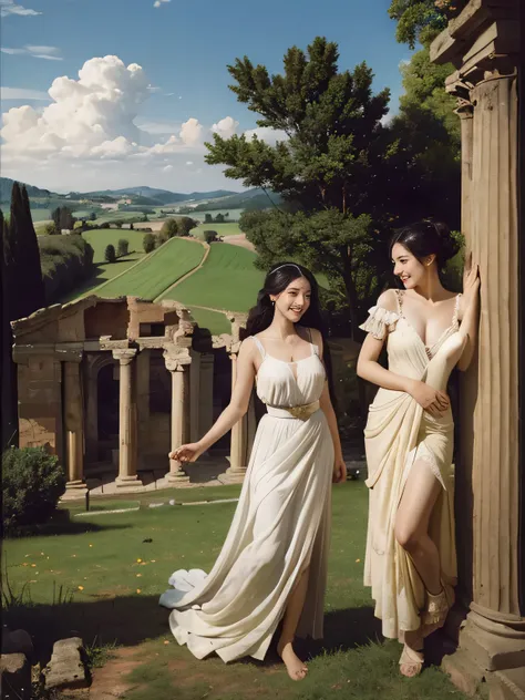 full body portrait、Ancient Roman ruins、Poussin style landscape、smile、、Sweet and enchanting appearance、Caravaggios paintings、Caravaggio&#39;s Chiaroscuro、hair tousled by the wind、two women having fun、キュートなsmile、Expressions of ecstasy、sexy、erotic 