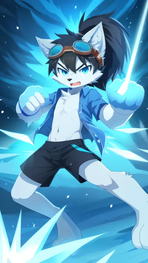 Furry shota, Young, wolf, black hair, long spiky ponytail, blue eyes, detailed body fur, ((blue hawaiian shirt, open clothes, black swim trunks, goggles)), masterpiece, looking at you, fangs, clear grey body fur, detailed face, big eyebrows, detailed eyes,...