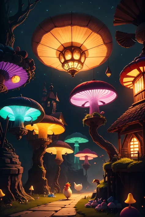 fantasy chickens in nighttime mushroom town bioluminescent, mushrooms bigger than a chicken, black chicken, white chickens, mice, fairies, elves, fairy lanterns, lighted windchimes,