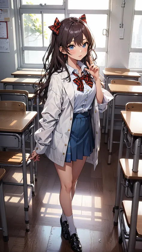 obra maestra, Mejor calidad, high resolution, Ichinose Shiki, idol master, pelo largo, dos lados hacia arriba, Lazo para el pelo, ahogo, pechos medianos, pendientes, uniforme escolar marinero, fondo de paisaje escolar, aula (Please draw a single una chica ...