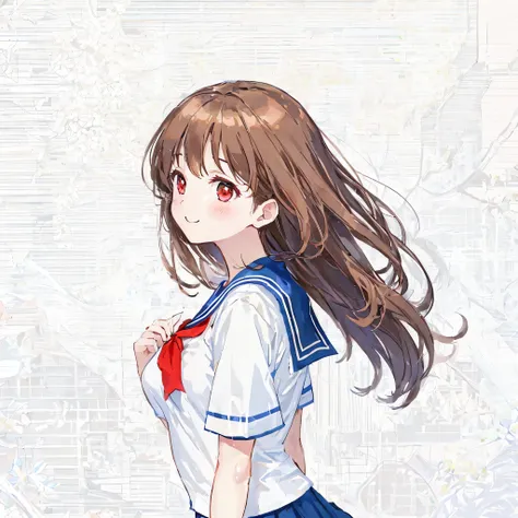 super detailed,masterpiece, highest quality,figure,sailor suit,slanted eyes,straight hair,brown hair,side part,super dense skin,beautiful and fine eyes,short sleeve shirt,red eyes,(medium breasts:1.1), (A raised and well-defined bust:1.1), (lifted chest:1....