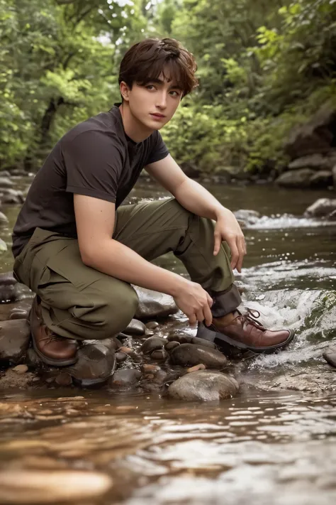 A young man sitting on a rock in the river, Timothée Chalamet, Beautiful Sissy Prince, Jinyoung Shin, portrait of Timothée Chalamet, Finn Wolfhard, El-Erian Mark, High quality image, Max Dennison, A delicate androgynous prince, Taken in early 2020, Beautif...