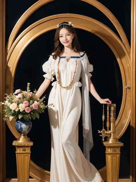 full body portrait or statue、Stained glass、Vigée Leblanc style、math、astronomical machine、astronaut、roses in vase、fruits、Cute trinkets、smile、ancient greek costume、Sandro Botticelli paintings、Costume that stretches your body 