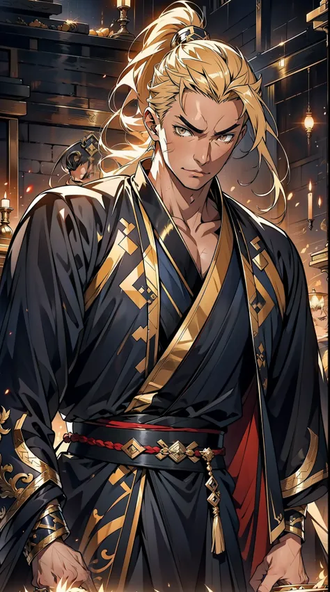 Two dimensions，anime style，one person（male warrior），proportions are correct，facial details，swordsman，high ponytail hairstyle，neck detail，Have an Adam&#39;s apple，Black and gold robe，joke，Black and gold robe，clothing details，Hand over，long sleeves，Game qual...