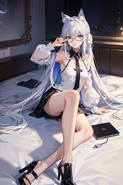 blue eyes, whole body, sitting on bed, slim girl, wear glasses, High heel, flat chest,, White clothes, bedroom, Black, silver hair, long hair, hair behind ears, Color eyes, faint smile, grinning, anime style, Cubism, high detail, Surrealism, Ray tracing, s...