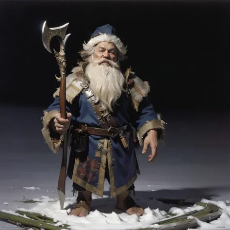 8k, photo of the most beautiful artwork, Forground: a fantasy male gnome with a beard standing barefoot in snow holding a wooden Staff, he is wearing a coat with a belt at the waist, pouches, wizard hat. Background: A winter forest landscape, ground covere...