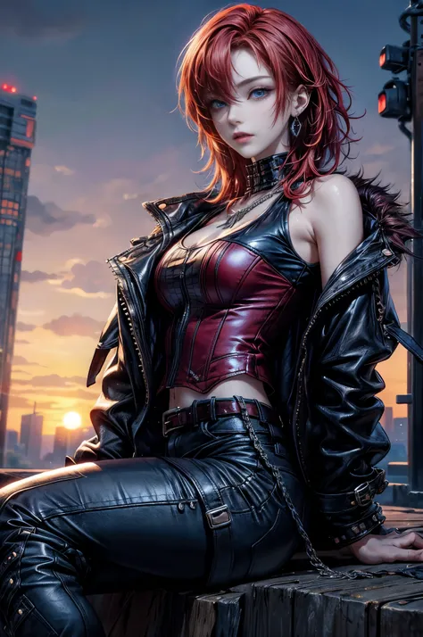 cinematic lighting、highest quality,cyberpunk world、1 female、(20 year old beautiful woman、Detailed beautiful facial features、medium bobの赤髪、shoulder length hair、blue eyes:1.4)smile、break,medium bob、（bright red hair:1.5）
BREAK
((dark leather rebellion) theme)...