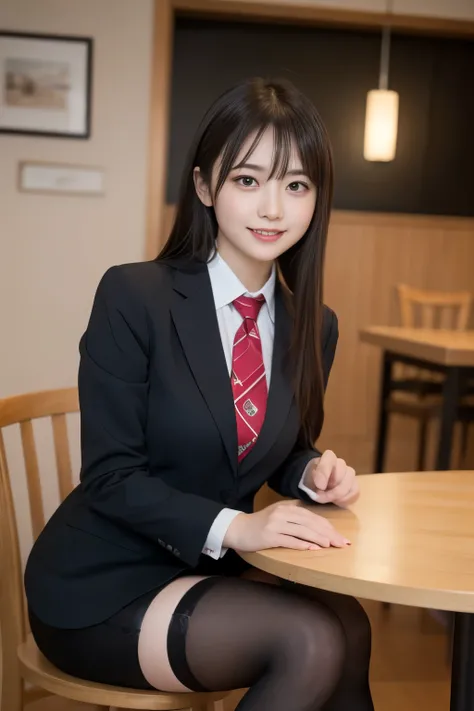 table top, highest quality, figure, super detailed, finely, High resolution, 8k wallpaper, 完璧なダイナミックな構figure, beautiful and fine eyes, business suit，natural color lip, smile、18 year old girl，Wearing black tights and stockings、plump thighs、shortcut