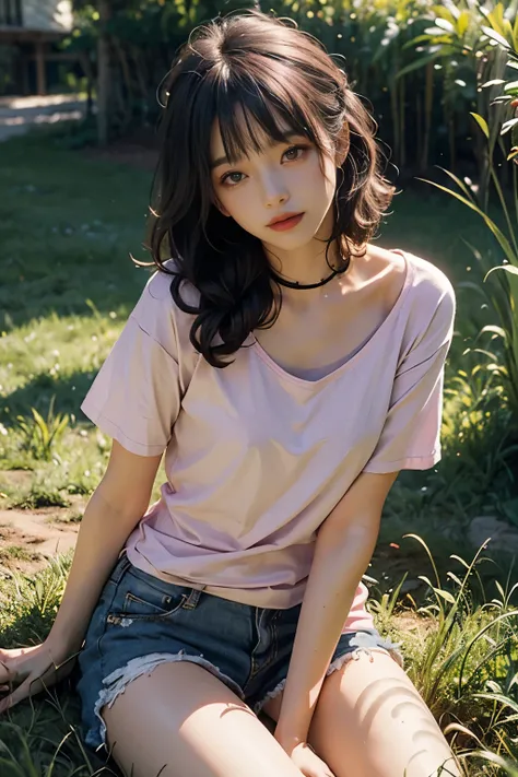 Beautiful skin, shining skin, shining hair, hair bang, black pink hair, wide flat chest, summer t-shirts, sexy legs, grass, phosphorescent, gentle lights, vibrant colours, intricate details, high quality, masterpiece, photography