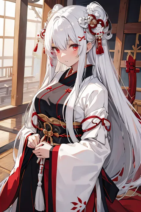 (Best quality, masterpiece) Highest Detailed, fate style, white red sword, black skin woman, white long silky hair, japanese hair ornaments, japanes traditional outfit