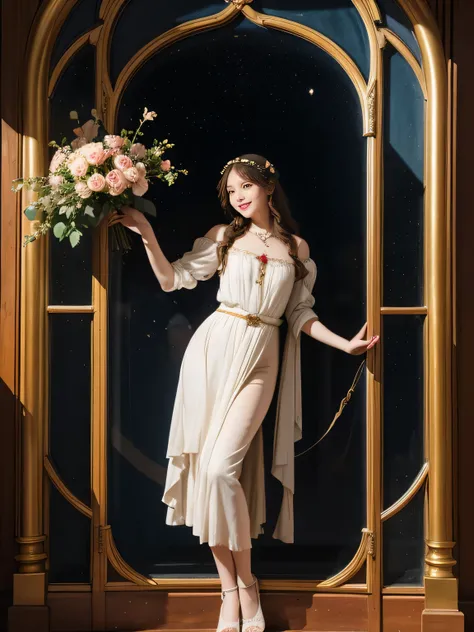 full body portrait or statue、Stained glass、Vigée Leblanc style、math、astronomical machine、astronaut、roses in vase、fruit、Cute trinkets、smile、ancient greek costume、Sandro Botticelli paintings、Clothes that make you stretch 