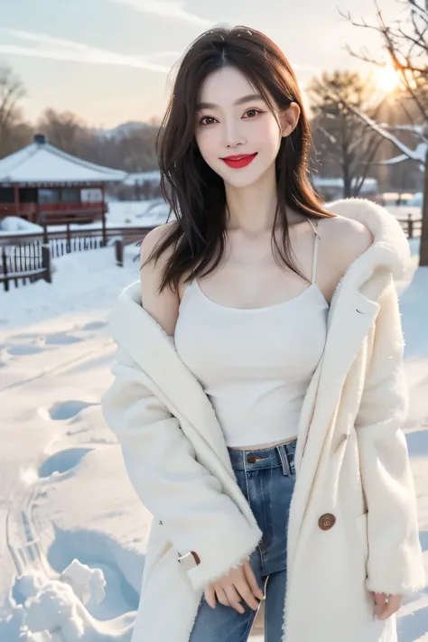 best quality, 4K, 8k, Detailed faces, clear face, a beautiful girl, Korean makeup, red lips,smilingly, Perfect body,Shoulder length straight bob hair,medium breasts,thigh,Slim,thin, Girl wearing large white mink coat, Underneath the coat is a white sweater...