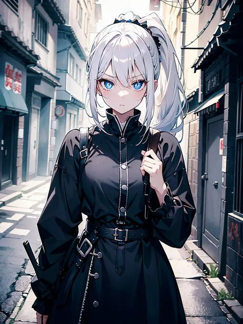 white hair girl，gloomy expression，blue pupils，black连衣裙，high ponytail，Tall，gloomy，Standing in a dark alley at night，Holding a bloody dagger in hand，black，masterpiece，best quality，detailed