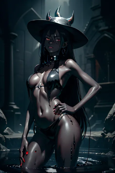 ((dark fantasy art)), beautiful demon girl, glossy black cylinder-hat, ((black skin)), (dark black skin), black skin, ((ash skin)), (black glossy skin), wet skin, ((piercing)), (lying), long black hair, long bangs, ((hands on hips)), (short clothing), open...