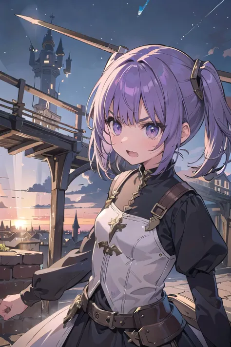 masterpiece, medieval townscape　horizon　night, sunlight, 1 girl, gray eyes, purple hair, angry, blunt bangs, twintails, short hair,　battle dress Warrior, longsword, angry, ((front)),　Upper body,open mouth, dynamic pose