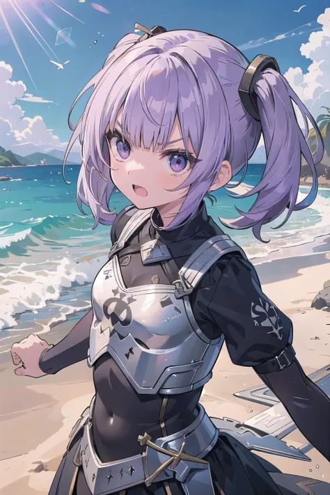 masterpiece, sandy beach, middle ages, sunlight, 1 girl, gray eyes, purple hair, angry, blunt bangs, twintails, short hair,　battle dress Warrior, longsword, angry, ((front)),　Upper body,open mouth, dynamic pose