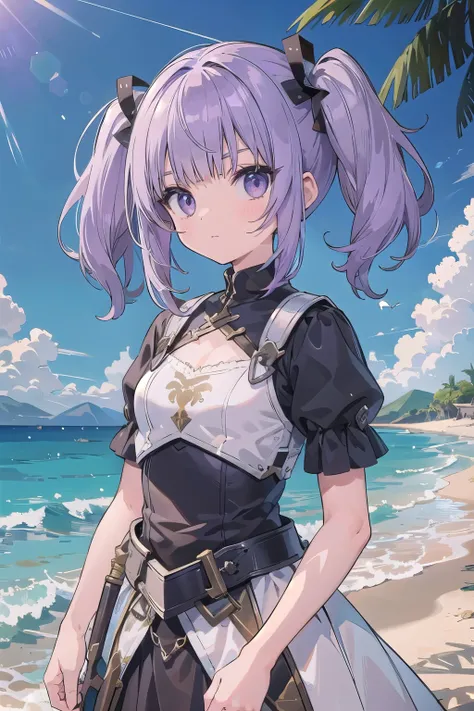 masterpiece, sandy beach, middle ages, sunlight, 1 girl, gray eyes, purple hair, furious, blunt bangs, twintails, short hair,　battle dress Warrior, longsword, ((front)),　Upper body，