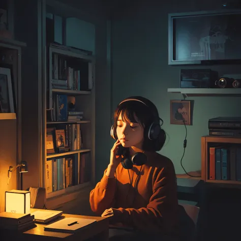 4K size,Girl listening to music in a cozy room at night, use headphones, 2D style anime, lo-fi, iMac,hard disk, dark environment